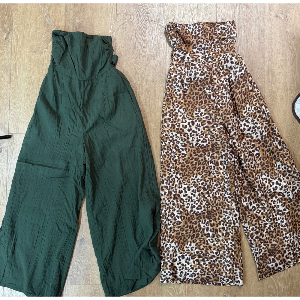 American Eagle Jumpsuit Womens XS Green Leopard Print Strapless Wide Leg 2PK